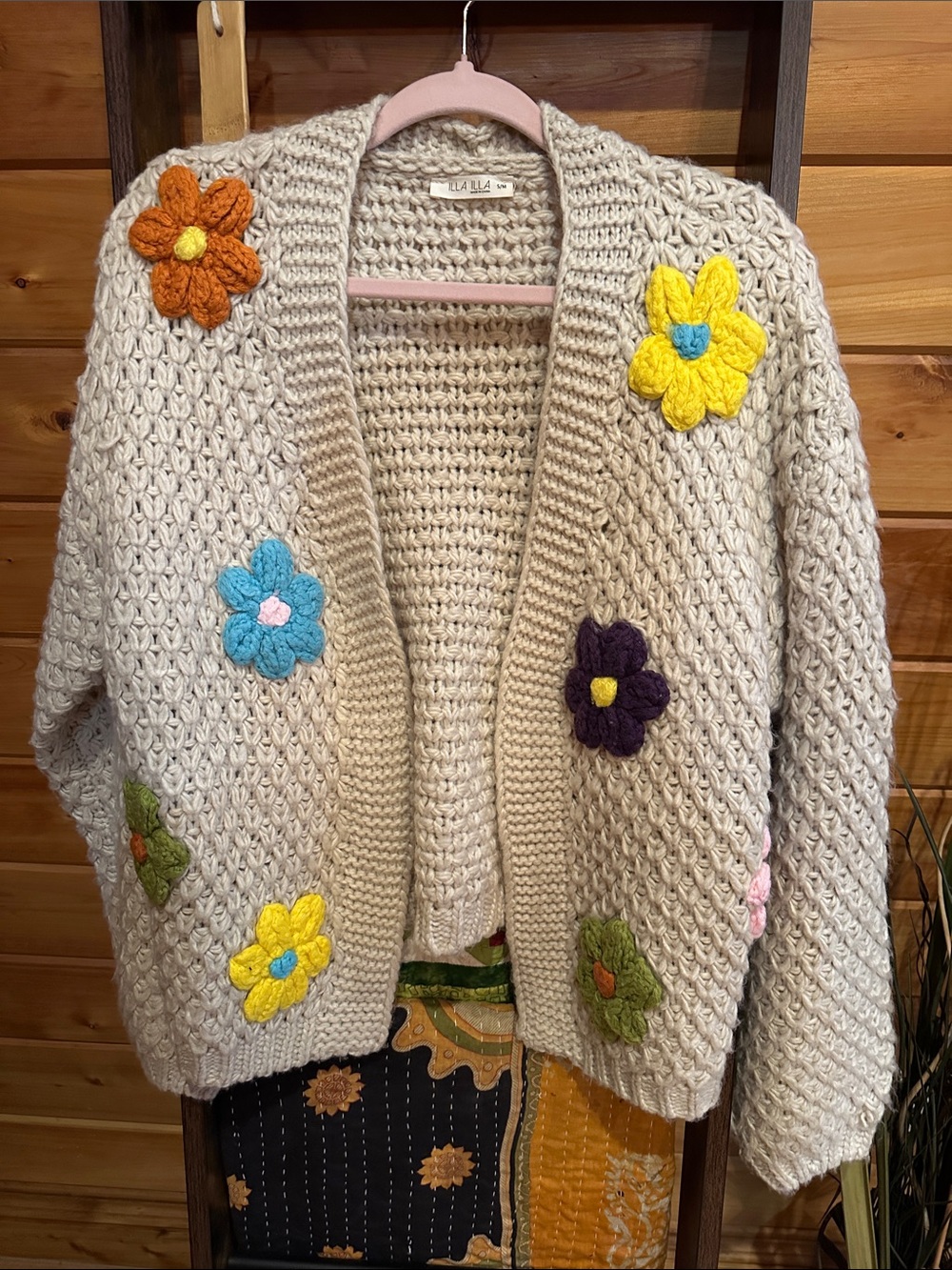 Illa illa oatmeal Crocheted/knit floral Daisy Cardigan Sweater